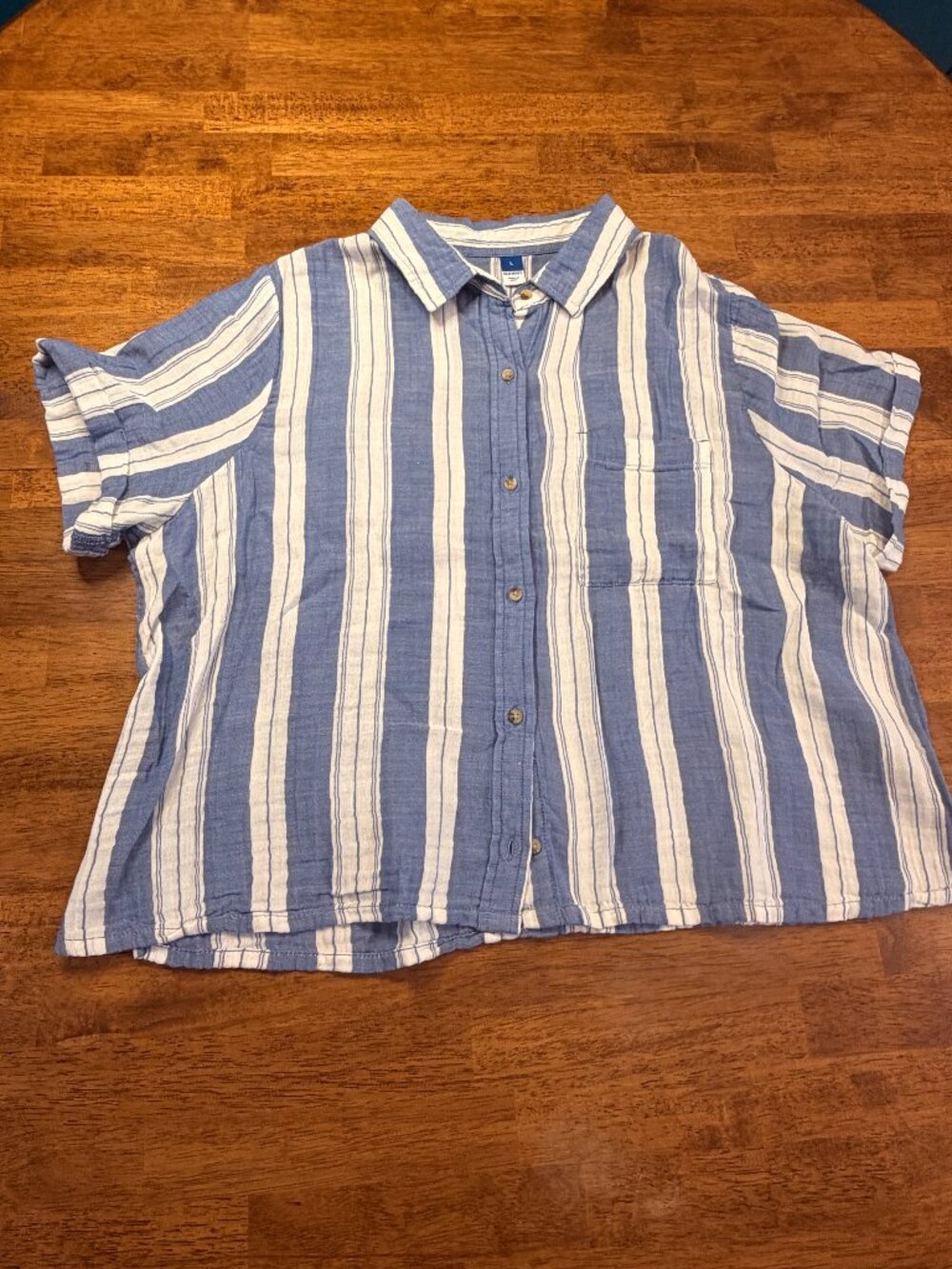 Blue and White Striped Coastal 100% Cotton Short Sleeved Button Down
